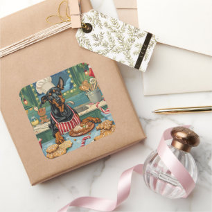 Doberman Pinscher Holiday Baking Feierliche Weihna Quadratischer Aufkleber