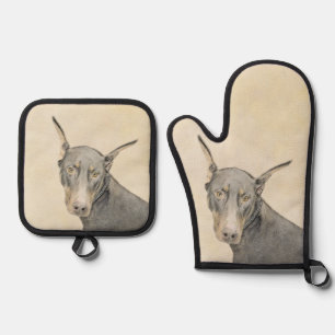 Doberman Pinscher Painting Dobermann Proppe Dog Ar Ofenhandschuh & Topflappen-Set