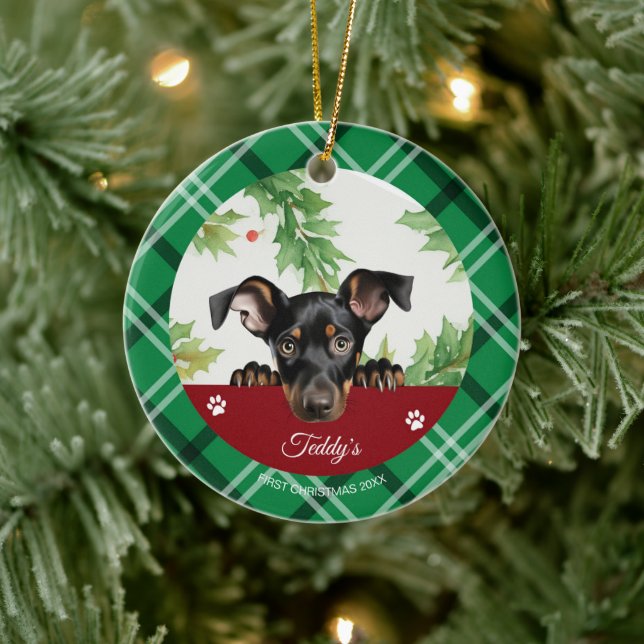 Doberman Pinscher Personalisiert First Christmas Keramik Ornament (Baum)