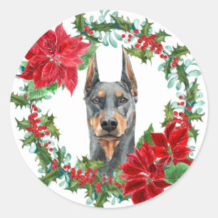 Doberman Pinscher Poinsettia Holly Holiday Wreath Runder Aufkleber