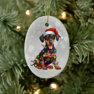 Doberman Pinscher Puppy in Christmas Lights Keramik Ornament