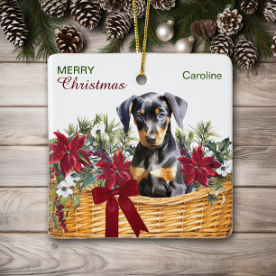 Doberman Pinscher Puppy Poinsettia Holiday Basket Keramikornament