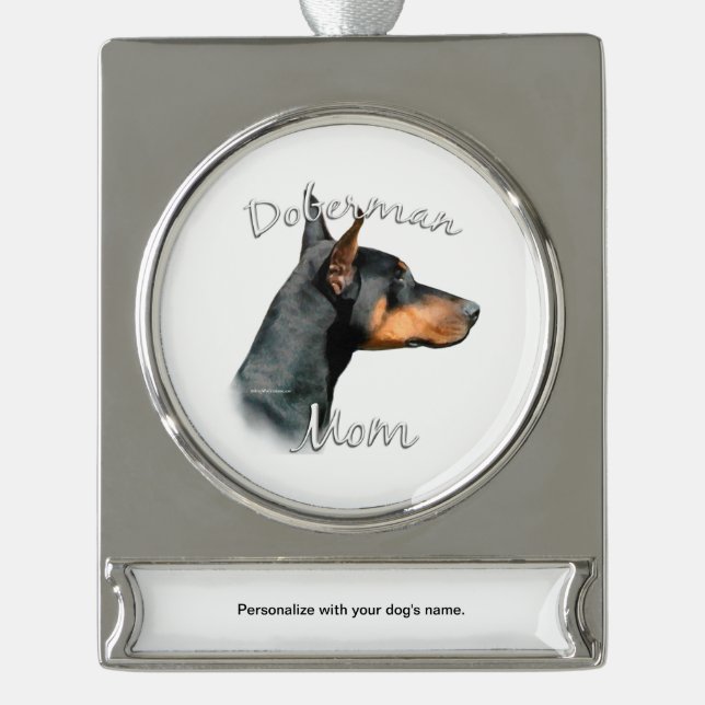 Doberman Pinscher (schwarz) Mama 2 Banner-Ornament Silber (Vorderseite)