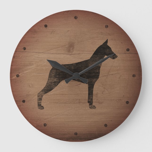 Doberman Pinscher Silhouette Rustikaler Stil Große Wanduhr (Vorderseite)