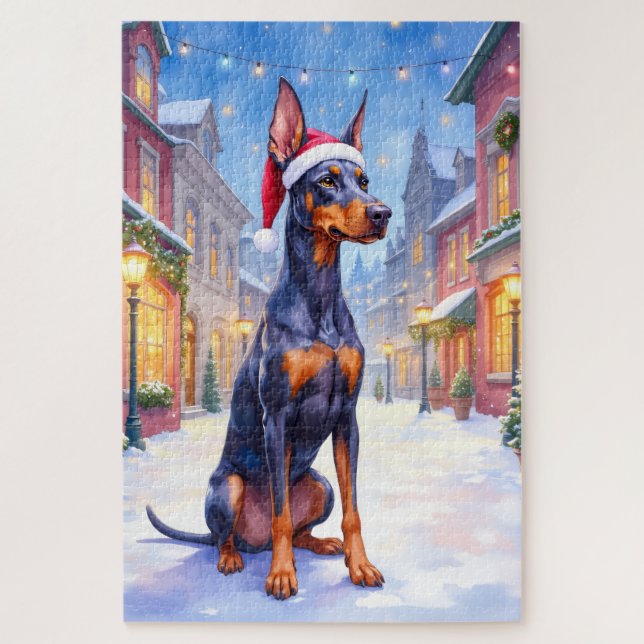 Doberman Pinscher Snowy Village Santa Hat Christma Puzzle (Vertikal)