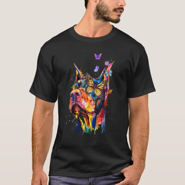 Doberman Pinscher Splash Butterflies Hund T-Shirt (Vorderseite)