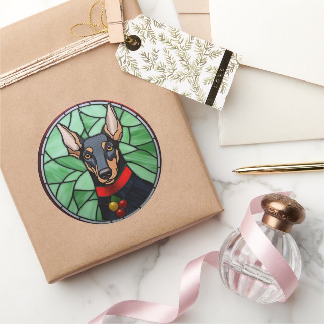 Doberman Pinscher Stached Glass Christmas Runder Aufkleber (Schenken)