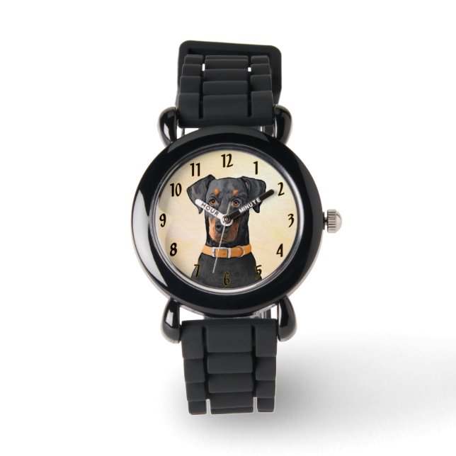 Doberman Pinscher Unzugeschnittene Malerei Origina Armbanduhr (Vorderseite)