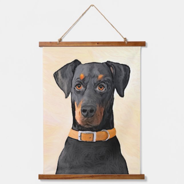 Doberman Pinscher Unzugeschnittene Malerei Origina Wandteppich Mit Holzrahmen (Vorderseite)