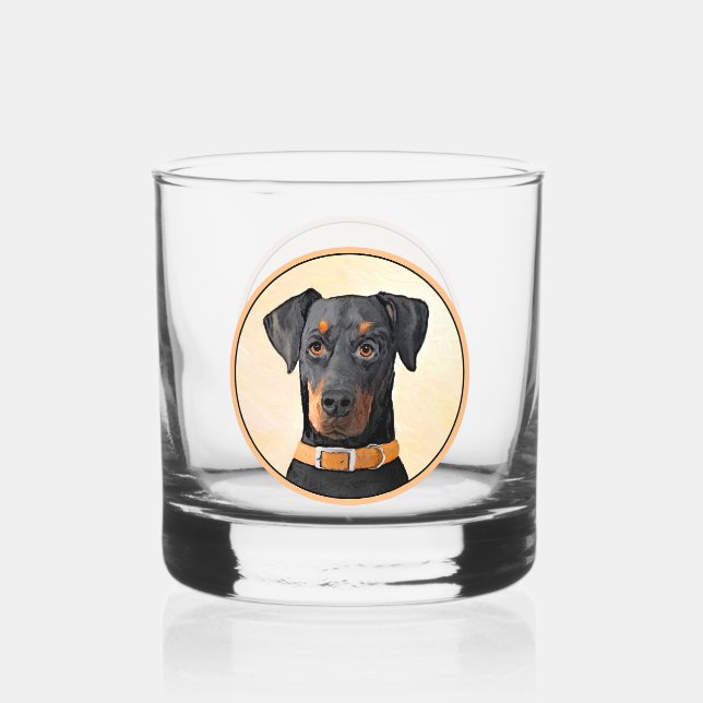 Doberman Pinscher Unzugeschnittene Malerei Origina Whiskyglas (Vorderseite)