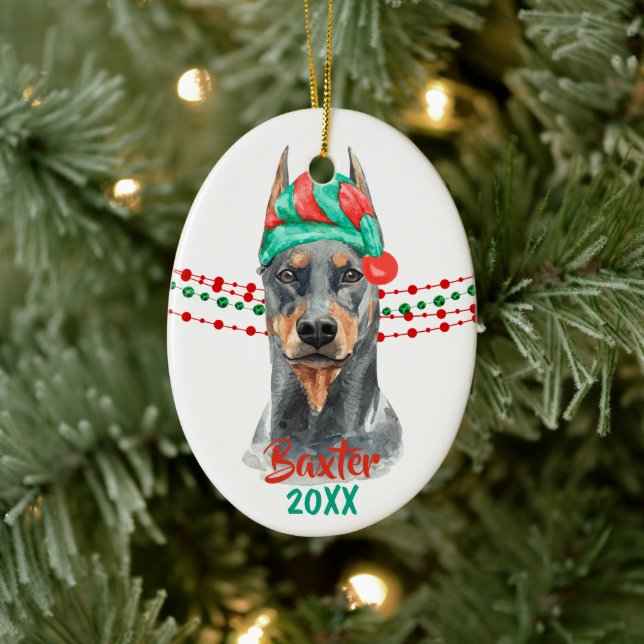 Doberman Pinscher Weihnachtsmannmütze Holiday Stri Keramik Ornament (Baum)