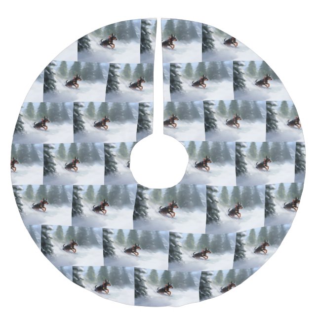 Doberman Pinscher Weihnachtsschnee Winter Polyester Weihnachtsbaumdecke (Vorderseite)