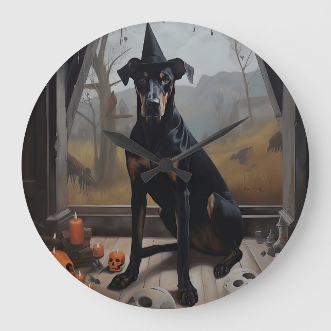 Doberman Pumpkins Halloween Beängstigend Große Wanduhr (Vorderseite)
