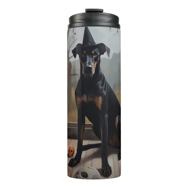 Doberman Pumpkins Halloween Beängstigend Thermosbecher (Vorderseite)