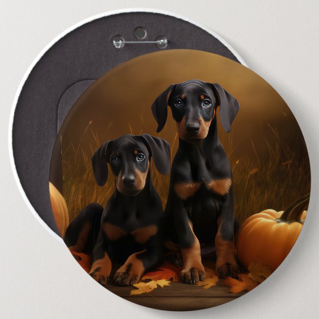 Doberman Puppy Autumn Delight Pumpkin Button (Vorne & Hinten)