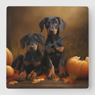 Doberman Puppy Autumn Delight Pumpkin Quadratische Wanduhr