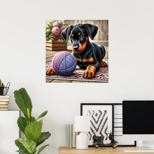 Doberman Puppy mit Garnball auf einem farbenfrohen Poster