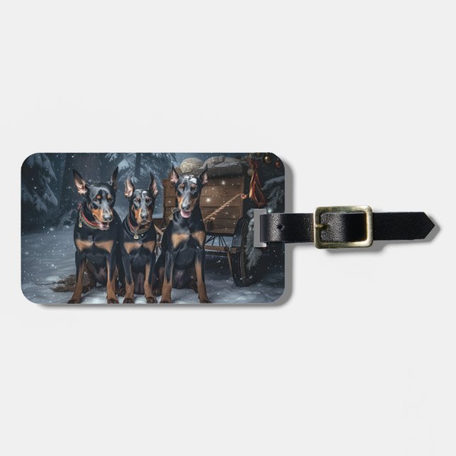 Doberman Snowy Sleigh Weihnachtsdekor Gepäckanhänger (Vorderseite horizontal)