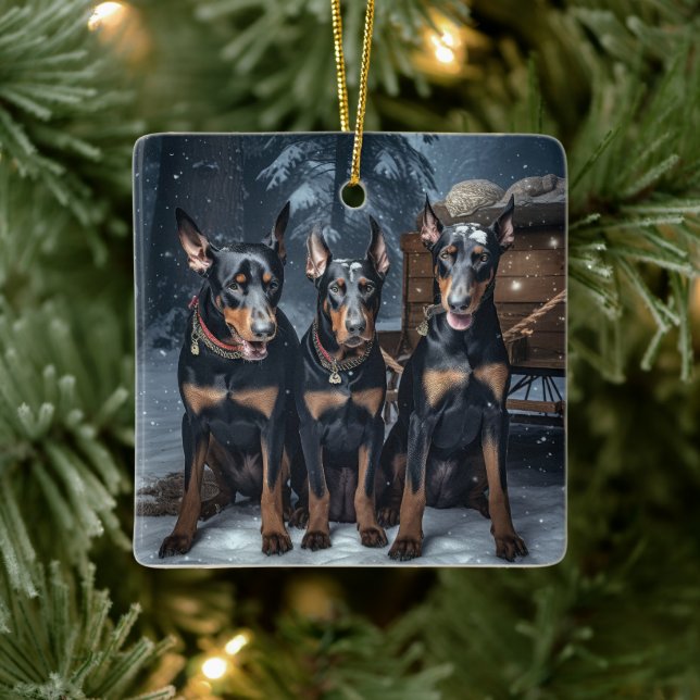 Doberman Snowy Sleigh Weihnachtsdekor Keramikornament (Baum)
