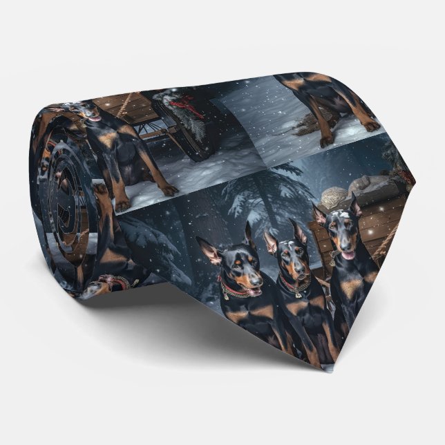 Doberman Snowy Sleigh Weihnachtsdekor Krawatte (Gerollt)