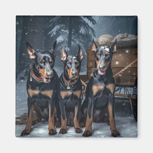 Doberman Snowy Sleigh Weihnachtsdekor Magnet (Vorne)
