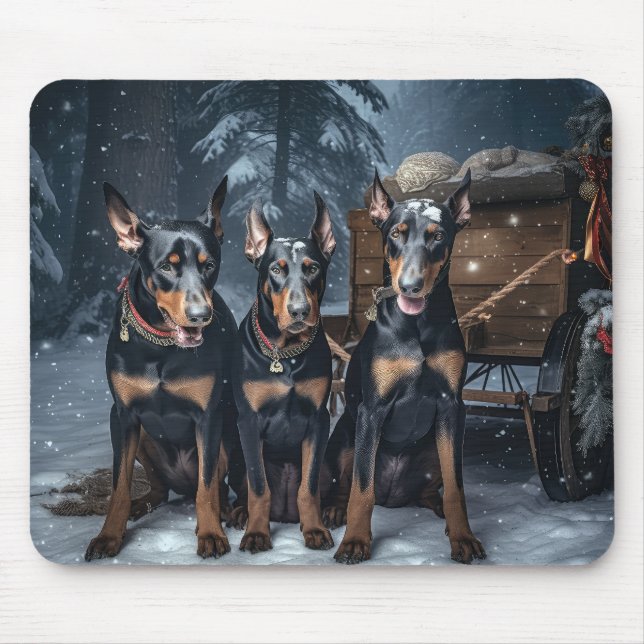 Doberman Snowy Sleigh Weihnachtsdekor Mousepad (Vorne)