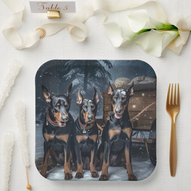 Doberman Snowy Sleigh Weihnachtsdekor Pappteller (Hochzeit)