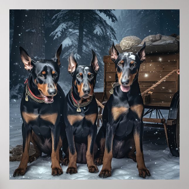 Doberman Snowy Sleigh Weihnachtsdekor Poster (Vorne)