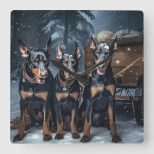 Doberman Snowy Sleigh Weihnachtsdekor Quadratische Wanduhr
