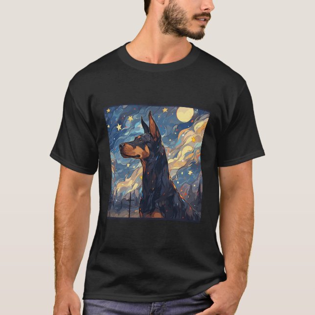 Doberman Starry Night For Hund Mama Hund Vater T-Shirt (Vorderseite)