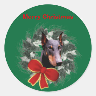 Doberman und Wreath Weihnachtsaufkleber Runder Aufkleber