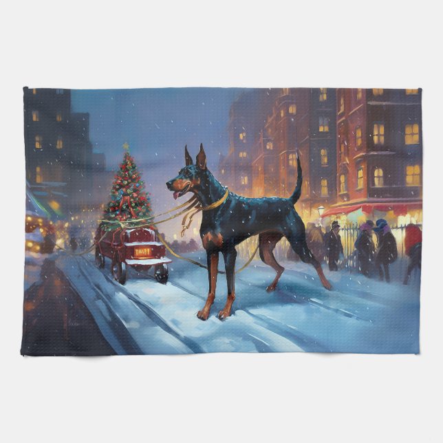 Doberman Weihnachts-Feiertage Geschirrtuch (Horizontal)
