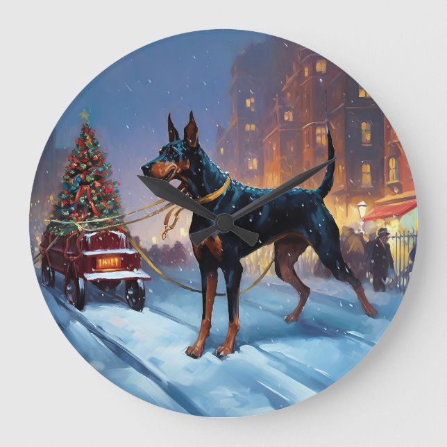Doberman Weihnachts-Feiertage Große Wanduhr (Vorderseite)