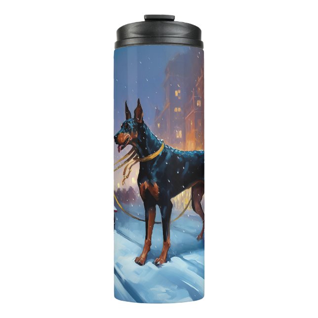 Doberman Weihnachts-Feiertage Thermosbecher (Vorderseite)