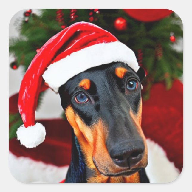 Doberman Weihnachtsmannmütze Quadratischer Aufkleber (Vorderseite)