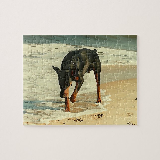 Dobermann am Strand-Malerei-Bild Puzzle (Horizontal)