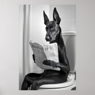 Dobermann auf Toilette, Zeitung, Lustige Badezimme Poster