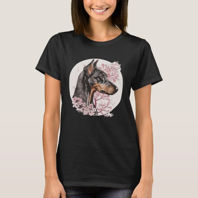 Dobermann Cherry Blossom Dog Breed Japanese Waterc T-Shirt (Vorderseite)
