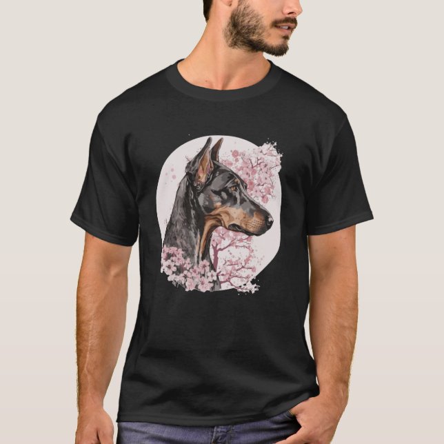 Dobermann Cherry Blossom Dog Breed Japanese Waterc T-Shirt (Vorderseite)