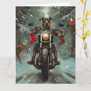 Dobermann fährt Motorrad Weihnachten Karte
