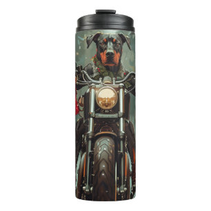 Dobermann fährt Motorrad Weihnachten Thermosbecher