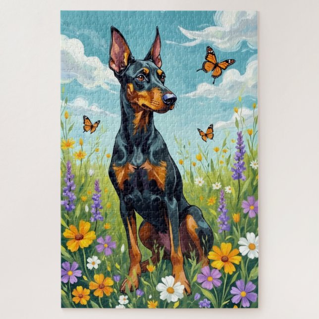 Dobermann Frühling Wiese Blumen Hund Puzzle (Vertikal)