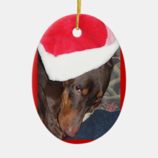 Dobermann (Held) in der Weihnachtsmannmütze Keramik Ornament