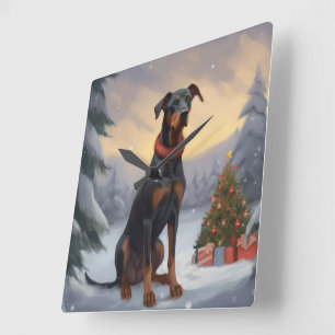 Dobermann-Hund im Schnee Weihnachten  Quadratische Wanduhr