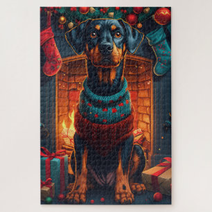 Dobermann-Hund mit Weihnachtsgeschenken Kamin Puzzle