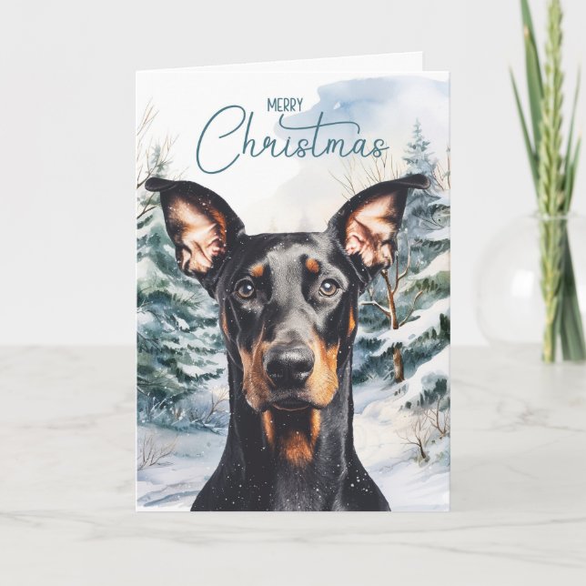 Dobermann-Hund Schnee Winter Kiefern Weihnachten (Vorderseite)