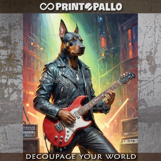 Dobermann-Hund spielt Gitarre auf einer Rock-Bühne Seidenpapier (Von Creator hochgeladen)