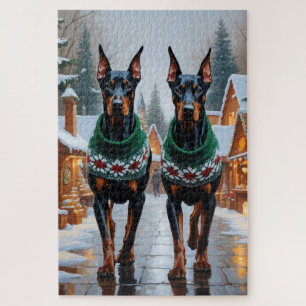 Dobermann Hunde Weihnachten Schnee Feiertag Puzzle