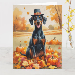 Dobermann im Herbstlaub-Erntedank-Kunst Karte