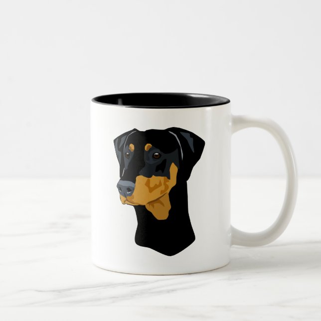 Dobermann-Kopf, Schwarzes, Uncropped Zweifarbige Tasse (Rechts)